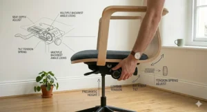 Step-by-step illustration showing the simple assembly of a compact office chair with integrated back support.