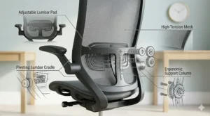 Illustration highlighting the lumbar support features on a compact mesh office chair.
