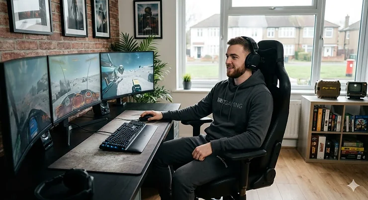 A young British man sitting comfortably in a high-back ergonomic black gaming chair within a modern UK home office. He is using a multi-monitor setup near a large window, under soft, natural British daylight. black gaming chair