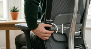 Side view illustration showing how to adjust seat depth for optimal leg circulation and comfort.