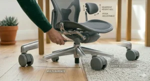 An adjustable padded headrest providing neck support on a high-back ergonomic executive chair.
