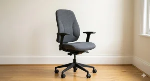 Close-up illustration of the adjustable lumbar rest on a small desk chair providing lower back support.