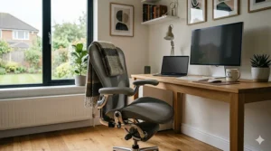Diagram showing adjustable armrests and lumbar support on an office chair for working from home.