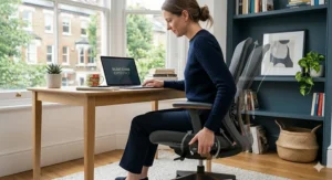 A user adjusting the seat height and tilt of an ergonomic silent office chair.