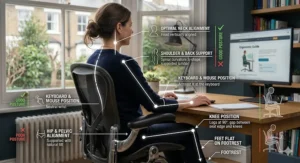 Diagram of an ergonomic study chair for adults highlighting correct posture alignment, optimal neck alignment, back support, and correct knee position.