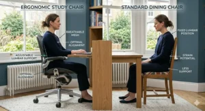 A side-by-side comparison illustration showing the optimal alignment of an ergonomic study chair for adults versus the strain potential and less support of a standard wooden dining chair.