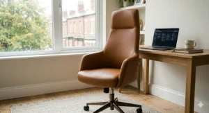 The sleek, professional silhouette of a tan leather executive aesthetic office chair suitable for a home business.