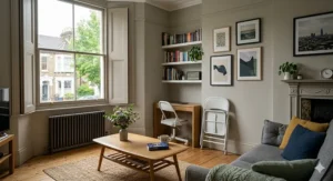 A white folding office chair stored flat against a wall, ideal for multi-functional spare rooms or small bedrooms.