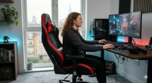 A UK gamer sitting in a red and black racing-style chair while playing video games at a desk with dual monitors.