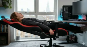 Side view showing the 180-degree recline feature of a red and black gaming seat for relaxing between sessions.