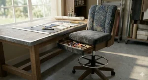 Elegant grey velvet chair for sewing and crafts featuring a tufted backrest and supportive plush cushioning.