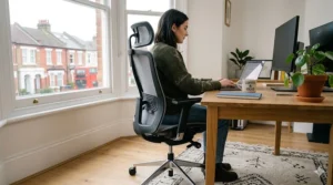 A low-cost minimalist designer task chair in white and light oak, blending seamlessly into a clean, modern British workspace.