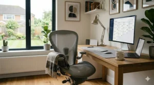 Close-up of a mesh back office chair with adjustable lower back support for better posture while working.