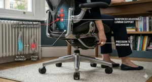 A close-up UK posture map illustration highlighting the reinforced adjustable lumbar support and precision tilt mechanism on a study chair for adults.