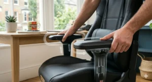 Adjustable padded armrests on a silent office chair designed for enhanced desk comfort.