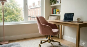 A pastel pink velvet aesthetic office chair, highlighting a colourful and personalised design option.