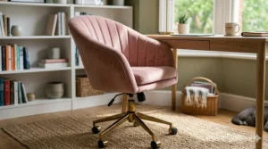 Plush pink velvet Instagram office chair with gold legs, perfect for a modern vanity or study.