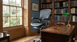 A high-end study chair for adults in a traditional dark-wood British home library next to a classic desk with a green banker's lamp.