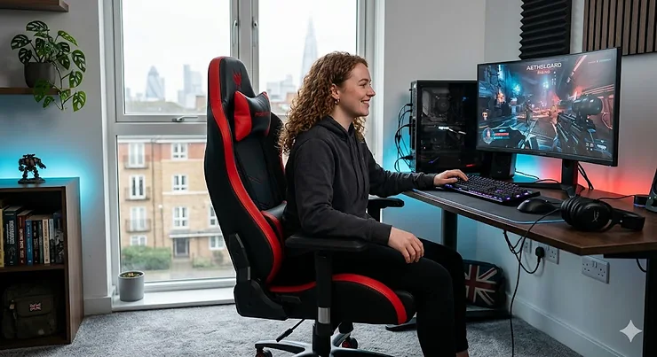 A high-back red and black gaming chair with lumbar support and adjustable armrests in a modern British gaming setup. red and black gaming chair