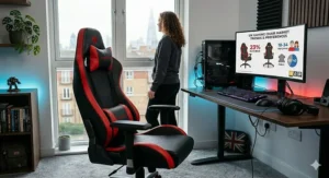 Illustration showing the width, height, and seat depth measurements of a red and black gaming chair in centimetres.