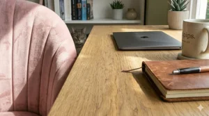Grey fabric Scandi-style Instagram desk chair with wooden legs, popular for minimalist UK home interiors.