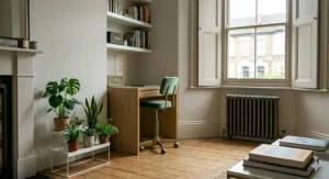 A grey Scandi-style upholstered desk chair that blends into a living room corner without looking like bulky office furniture.