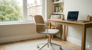 A minimalist Scandinavian-style aesthetic office chair with clean lines and light wood details.