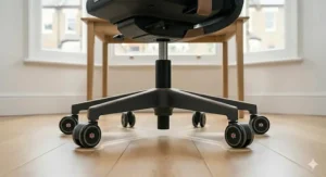 Stable five-point base of a silent office chair featuring non-marking quiet wheels.