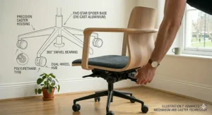 Illustration of a small desk chair with smooth-gliding castors suitable for both carpeted and hardwood UK floors.