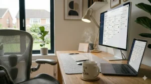 A compact grey swivel chair tucked under a desk in a small UK spare room or cloffice setup.