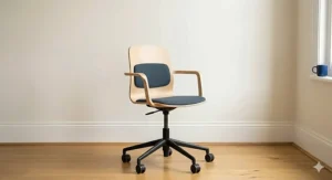 A diagram showing the dimensions of a small desk chair with back support tucked neatly under a narrow console desk.
