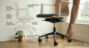 A small desk chair with back support used in a typical UK university student bedroom or flat.