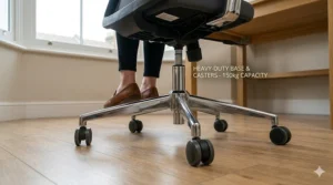 A detailed low-angle photograph focusing on the sturdy polished chrome five-star base and robust dual-wheel casters of the budget-friendly swivel chair, reflecting soft, natural light.