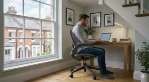 A stylish grey compact computer chair that complements neutral British interior design palettes.