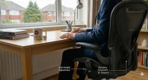 A close-up technical view of the heavy-duty five-star base and smooth-rolling hooded castors of a teenager's homework chair, highlighting the dynamic movement and seat height adjustment control levers.