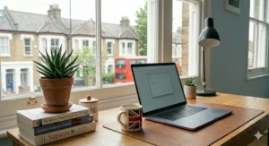 A 360-degree swivel office chair positioned at a small desk within a bedroom.