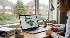 A close-up technical diagram of an adjustable homework chair for teenagers, illustrating the built-in lumbar back support mechanism and ergonomic contours, shown against a blurred view of a MacBook Air on a desk.