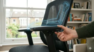 Close-up of the 4D adjustable armrests on the ergonomic office chair, showing multidirectional movement.