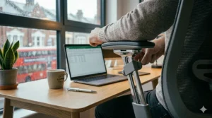 Correct positioning of adjustable armrests to relieve tension in the shoulders and neck while typing at a desk.