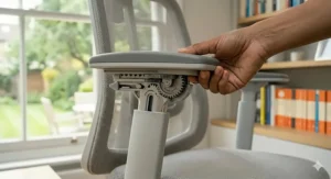 Demonstration of adjustable armrests to reduce shoulder tension and improve support while typing, aiding overall comfort.