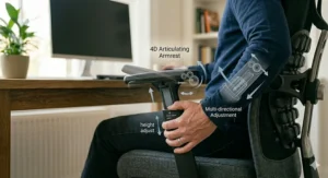 A person demonstrating the use of 4D articulating armrests on an office chair to achieve correct shoulder and neck alignment for improved comfort.
