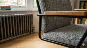 Close-up of an adjustable ergonomic chair blending seamlessly with modern British living room interior decor.