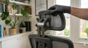 Close-up of an adjustable headrest on a premium office chair.
