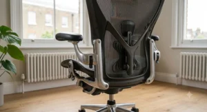 Side view of an office chair featuring adjustable lumbar support to encourage healthy sitting posture.