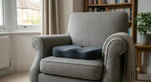 An adjustable desk chair demonstrating the forward-tilt mechanism to aid tailbone comfort.