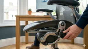 Demonstrating seat depth and tilt adjustment for custom sciatica-friendly support.