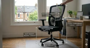 A technical diagram displaying the height and width measurements of the Amazon Basics office chair.