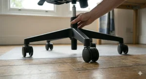 An illustration showing the simple step-by-step assembly process for an Amazon Basics home office chair.