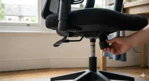 Close-up of the pneumatic lever on an Amazon Basics office chair, demonstrating easy height adjustment.