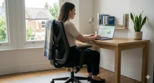 An Amazon Basics office chair placed at a tidy workstation, fitting perfectly into a compact home office.